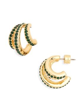 NEW KURT GEIGER LONDON Pavé Crystal Triple Huggie Hoop Earrings Gold Green